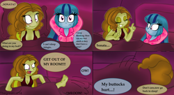 Size: 1024x557 | Tagged: safe, artist:queentigrel, imported from derpibooru, adagio dazzle, sonata dusk, equestria girls, armpits, blushing, breasts, busty adagio dazzle, cleavage, clothes, comic, dazzle-eds, ed edd n eddy, feet, female, kicking, one + one = ed, pajamas, parody, reference