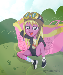 Size: 1260x1500 | Tagged: safe, artist:sumin6301, imported from derpibooru, cherry berry, equestria girls, aviator hat, balloon basket, blushing, cherry, clothes, equestria girls-ified, female, food, goggles, hat, hot air balloon, hot pants, shorts, solo