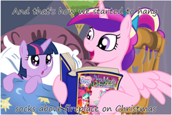 Size: 1024x683 | Tagged: safe, artist:zetared, imported from derpibooru, minty, princess cadance, twilight sparkle, alicorn, pony, unicorn, a very minty christmas, bedtime story, book, cadance's bedtime stories, cute, cutedance, duo, exploitable meme, filly, g3, looking up, meme, reading, twiabetes, younger