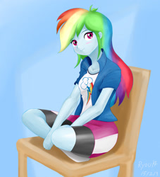 Size: 2000x2200 | Tagged: safe, artist:ryou14, imported from derpibooru, rainbow dash, equestria girls, blushing, clothes, compression shorts, female, looking at you, missing shoes, sitting, smiling, solo