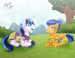 Size: 2786x2153 | Tagged: safe, artist:shinta-girl, imported from derpibooru, flash sentry, shining armor, captain armor and guard sentry, prone