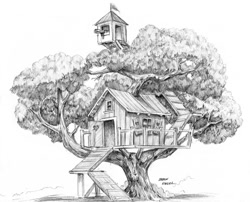 Size: 1100x888 | Tagged: safe, artist:baron engel, imported from derpibooru, clubhouse, crusaders clubhouse, epic, grayscale, monochrome, pencil drawing, scenery, telescope, traditional art, tree, treehouse