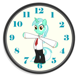 Size: 640x636 | Tagged: safe, artist:sslug, imported from derpibooru, lyra heartstrings, pony, unicorn, bipedal, clock, clothes, female, necktie, pants, shirt, smiling, solo