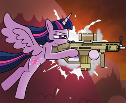 Size: 2200x1800 | Tagged: safe, artist:tuffylive, imported from derpibooru, twilight sparkle, alicorn, pony, female, gun, mare, scar-h, solo, twilight sparkle (alicorn), twilight vs tirek