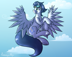 Size: 2875x2279 | Tagged: safe, artist:noxy, artist:whitepone, imported from derpibooru, soarin', flying, goggles, male, smirk, solo, underhoof