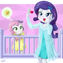 Size: 1000x1000 | Tagged: safe, artist:uotapo, imported from derpibooru, rarity, sweetie belle, equestria girls, beautiful, clothes, cosplay, costume, crib, cute, diasweetes, dress, elsa, female, frozen (movie), pacifier, queen elsarity, ring, ringpop, siblings, sisters, toddler, uotapo is trying to murder us, younger