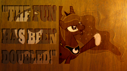 Size: 1920x1080 | Tagged: safe, artist:chadbeats, artist:gamemasterluna, imported from derpibooru, princess luna, cutie mark, female, quote, solo, the fun has been doubled, vector, wallpaper, wood