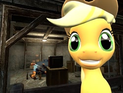 Size: 900x675 | Tagged: safe, imported from derpibooru, applejack, 3d, basement, couch, crossover, drink, engineer, gmod, sleepy, smiling, team fortress 2, television