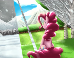 Size: 3583x2836 | Tagged: safe, artist:otakuap, imported from derpibooru, pinkie pie, earth pony, pony, crepuscular rays, eyes closed, female, sitting, smiling, snow, snowfall, solo, summer, sunlight, winter