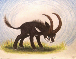 Size: 1280x1000 | Tagged: safe, artist:thefriendlyelephant, imported from derpibooru, oc, oc only, oc:sabe, antelope, giant sable antelope, angry, animal in mlp form, bearing horn(s), grass, horns, solo, traditional art