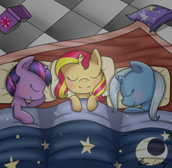 Size: 1344x1311 | Tagged: safe, artist:cloureed, imported from derpibooru, sunset shimmer, trixie, twilight sparkle, pony, unicorn, equestria girls, bed, blanket, blushing, counterparts, cute, diatrixes, eyes closed, filly, filly sunset shimmer, filly trixie, filly twilight sparkle, magical trio, on side, shimmerbetes, side, sleeping, sleepover, smiling, sunsleep shimmer, trio, twiabetes, twilight's counterparts, young, younger