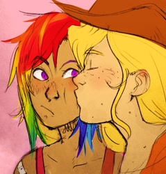 Size: 1280x1340 | Tagged: safe, artist:schpog, imported from derpibooru, applejack, rainbow dash, human, appledash, cheek kiss, female, humanized, kissing, lesbian, shipping