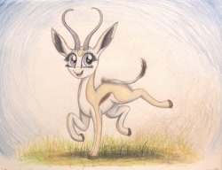 Size: 1019x784 | Tagged: safe, artist:thefriendlyelephant, imported from derpibooru, oc, oc only, oc:mmiri, antelope, springbok, animal in mlp form, cloven hooves, dust, galloping, grass, horns, running, smiling, solo, traditional art