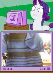 Size: 563x771 | Tagged: safe, imported from derpibooru, rarity, clothes, dress, exploitable meme, meme, obligatory pony, tv meme, white and gold or black and blue dress meme