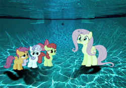 Size: 720x504 | Tagged: safe, artist:sb1991, imported from derpibooru, apple bloom, fluttershy, scootaloo, sweetie belle, pony, breathhold, bubble, cutie mark crusaders, story included, swimming pool, underwater