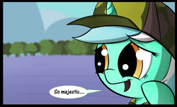 Size: 1030x627 | Tagged: safe, artist:subjectnumber2394, edit, imported from derpibooru, lyra heartstrings, pony, unicorn, caption, clothes, cropped, crying, female, happy, hat, majestic, nature, open mouth, reaction image, smiling, solo, tears of joy