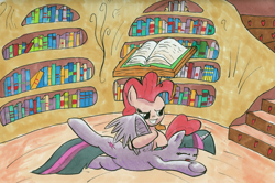Size: 1008x668 | Tagged: safe, artist:kittyhawk-contrail, imported from derpibooru, pinkie pie, twilight sparkle, alicorn, pony, female, golden oaks library, mare, tickling, ticklish wings, traditional art, twilight sparkle (alicorn)