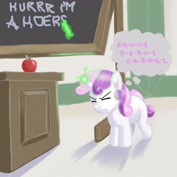 Size: 3072x3072 | Tagged: safe, artist:jay156, imported from derpibooru, sweetie belle, apple, chalk, chalkboard, female, hoers, hurr durr, magic, solo, sweetie belle's magic brings a great big smile, sweetie fail, sweetiedumb