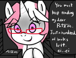 Size: 802x616 | Tagged: safe, artist:potzm, imported from derpibooru, oc, oc only, oc:lawyresearch, pony, unicorn, glasses, solo
