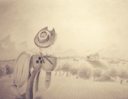 Size: 2257x1754 | Tagged: safe, artist:yo-yall, imported from derpibooru, applejack, grayscale, monochrome, rear view, sweet apple acres, traditional art
