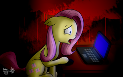 Size: 1920x1200 | Tagged: safe, artist:vanillafox2035, imported from derpibooru, fluttershy, blood, computer, fear, female, mousepad, solo