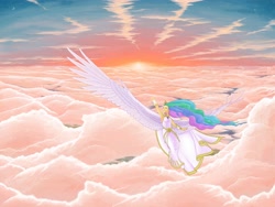 Size: 4800x3600 | Tagged: safe, artist:gor1ck, imported from derpibooru, princess celestia, human, armpits, cloud, cloudy, detailed, female, flying, goddess, humanized, looking up, majestic, scenery porn, sky, smiling, solo, spread wings, stars, sun, sun work, sunrise, winged humanization