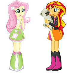 Size: 1328x1281 | Tagged: safe, artist:majkashinoda626, imported from derpibooru, fluttershy, sunset shimmer, dog, pug, equestria girls, clothes, cute, licking, simple background, skirt, tanktop, transparent background, vector