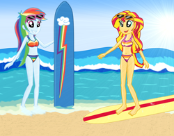 Size: 2500x1961 | Tagged: safe, artist:majkashinoda626, imported from derpibooru, rainbow dash, sunset shimmer, equestria girls, barefoot, beach, belly button, bikini, clothes, cute, duo, feet, sunglasses, surfboard, swimsuit