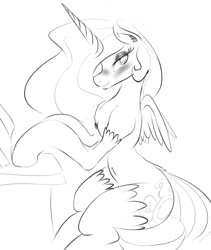 Size: 879x1040 | Tagged: safe, artist:zev, imported from derpibooru, princess celestia, semi-anthro, belly button, blushing, female, grayscale, monochrome, smiling, solo