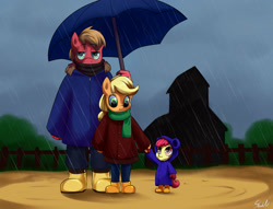 Size: 3400x2600 | Tagged: safe, artist:skecchiart, imported from derpibooru, apple bloom, applejack, big macintosh, anthro, plantigrade anthro, adorabloom, apple siblings, boots, clothes, coat, cute, galoshes, holding hands, rain, scarf, size difference, smiling, umbrella