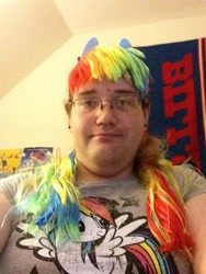 Size: 768x1024 | Tagged: safe, imported from derpibooru, rainbow dash, human, brony, chris chan, cosplay, irl, irl human, photo, swag