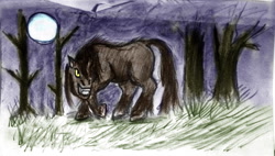 Size: 2992x1704 | Tagged: safe, artist:5618yevon, artist:sdf1jjak, imported from derpibooru, hengstwolf, dark, fangs, glare, grin, moon, raised hoof, slit eyes, slit pupils, smirk, solo, unshorn fetlocks