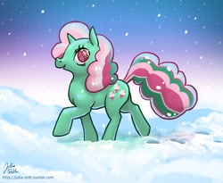 Size: 900x737 | Tagged: safe, artist:hinchen, imported from derpibooru, fizzy, female, g1, snow, snowfall, solo, winter