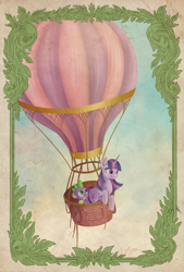 Size: 2352x3477 | Tagged: safe, artist:katyand, imported from derpibooru, spike, twilight sparkle, hot air balloon, vintage