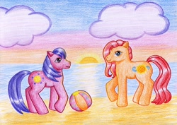 Size: 1024x724 | Tagged: safe, artist:normaleeinsane, imported from derpibooru, sand dollar, seascape (g3), earth pony, pony, ball, beach, beach ball, cloud, duo, duo female, female, g3, mare, ocean, outdoors, sand, sand dollar (g3), sunset, tail, traditional art, water