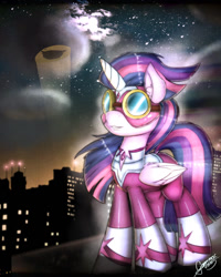 Size: 1200x1500 | Tagged: safe, artist:gamermac, imported from derpibooru, masked matter-horn, twilight sparkle, alicorn, pony, power ponies (episode), city, female, goggles, mare, power ponies, twilight sparkle (alicorn)