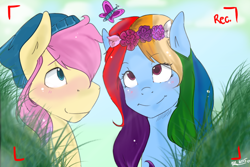 Size: 900x600 | Tagged: safe, artist:mrscurlystyles, imported from derpibooru, fluttershy, rainbow dash, butterfly, alternate hairstyle, butterdash, butterscotch, female, flower in hair, male, rule 63, shipping, straight