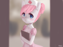 Size: 1280x960 | Tagged: safe, artist:marinakirby, imported from derpibooru, nurse redheart, anthro, earth pony, blushing, clipboard, clothes, cute, dress, eyelashes, female, hair bun, hat, heartabetes, looking at you, nurse hat, nurse outfit, solo