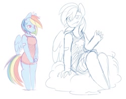 Size: 1280x1014 | Tagged: safe, artist:ende26, imported from derpibooru, rainbow dash, anthro, unguligrade anthro, clothes, cloud, dress, female, sketch, solo