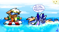 Size: 920x512 | Tagged: safe, artist:mushroomcookiebear, imported from derpibooru, applejack, rainbow dash, dialogue, floaty, goggles, hatless, inflatable, inner tube, lifejacket, missing accessory, ocean, scared, sun, sweat, swimming, water wings