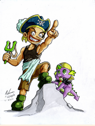 Size: 900x1200 | Tagged: safe, artist:irie-mangastudios, imported from derpibooru, spike, baby dragon, baby spike, crossover, markers, one piece, pirate, traditional art, usopp, youth