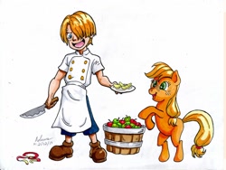 Size: 1032x774 | Tagged: safe, artist:irie-mangastudios, imported from derpibooru, applejack, apple, crossover, filly, filly applejack, markers, one piece, traditional art, vinsmoke sanji, youth