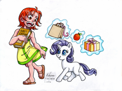 Size: 1200x900 | Tagged: safe, artist:irie-mangastudios, imported from derpibooru, rarity, blank flank, book, clothes, crossover, dress, filly, filly rarity, markers, nami, one piece, traditional art, youth