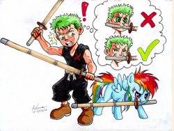 Size: 1200x900 | Tagged: safe, artist:irie-mangastudios, imported from derpibooru, rainbow dash, crossover, dashface, filly rainbow dash, markers, one piece, roronoa zoro, shinai, thought bubble, traditional art, youth