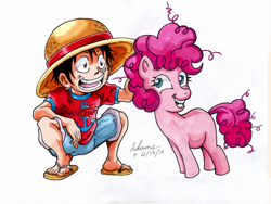 Size: 1200x900 | Tagged: safe, artist:irie-mangastudios, imported from derpibooru, pinkie pie, crossover, filly, filly pinkie pie, markers, monkey d luffy, monkey d. luffy, one piece, smiling, traditional art, youth