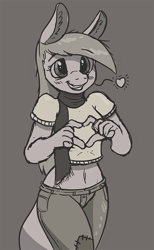 Size: 553x900 | Tagged: safe, artist:caroo, imported from derpibooru, oc, oc only, anthro, hinny, belly button, clothes, cute, heart, midriff, monochrome, pants, scarf, shirt, solo