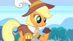 Size: 1280x720 | Tagged: safe, imported from derpibooru, screencap, applejack, smart cookie, earth pony, pony, hearth's warming eve (episode), animated, blinking, clothes, costume, earth pony magic, female, frown, growth, hoof hold, meta, smiling, solo, sprout, talking, wide eyes
