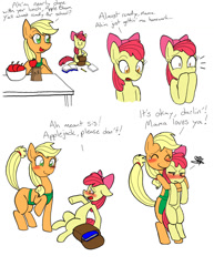 Size: 1148x1485 | Tagged: safe, artist:redanon, imported from derpibooru, apple bloom, applejack, earth pony, pony, accent, apple, apple bloom is not amused, apple bloom's bow, apron, blushing, bow, clothes, comic, cute, daaaaaaaaaaaw, deep mothering, dialogue, embarrassed, eyes closed, feels, female, filly, food, freudian slip, hair bow, hatless, hug, lunch, lunch bag, mare, missing accessory, mommajack, mother, raised hoof, smiling, tears of joy, unamused, y'all