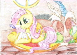 Size: 7016x4961 | Tagged: safe, artist:piterq12, imported from derpibooru, angel bunny, discord, fluttershy, absurd resolution, traditional art