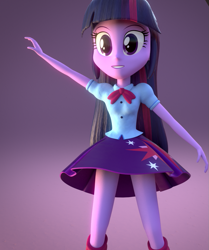 Size: 903x1080 | Tagged: safe, artist:camtwo, artist:camtwosix, artist:creatorofpony, imported from derpibooru, twilight sparkle, equestria girls, 3d, 3d model, blender, clothes, female, grin, paraskirt, shirt, skirt, smiling, solo